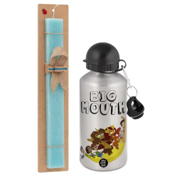 Big mouth, Easter Set, metallic silver aluminum water bottle (500ml) & scented flat Easter candle (30cm) (TURQUOISE)