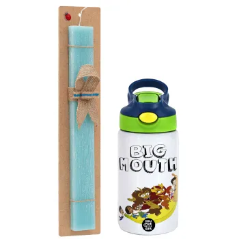 Big mouth, Easter Set, Children's thermal stainless steel bottle with safety straw, green/blue (350ml) & aromatic flat Easter candle (30cm) (TURQUOISE)