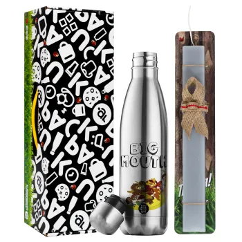 Big mouth, Easter Set, metallic stainless thermos flask (500ml) & scented flat Easter candle (30cm) (GRAY)