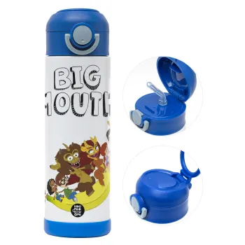 Big mouth, Children's hot water bottle, stainless steel, with safety straw, BLUE (500ml)