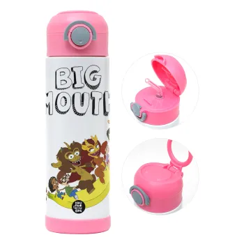 Big mouth, Children's hot water bottle, stainless steel, with safety straw, PINK (500ml)
