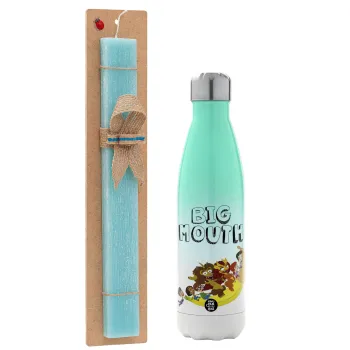 Big mouth, Easter Set, Metallic green/white thermos (Stainless steel), double-walled, 500ml & scented flat Easter candle (30cm) (TURQUOISE)