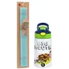 Easter Set, Children's thermal stainless steel bottle with safety straw, green/blue (350ml) & aromatic flat Easter candle (30cm) (TURQUOISE)