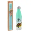 Easter Set, Metallic green/white thermos (Stainless steel), double-walled, 500ml & scented flat Easter candle (30cm) (TURQUOISE)