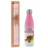 Easter Set, Metallic pink/white (Stainless steel) thermos, double-walled, 500ml & aromatic flat Easter candle (30cm) (PINK)