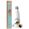 Easter Set, metallic stainless steel water bottle (750ml) & aromatic flat Easter candle (30cm) (TURQUOISE)