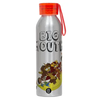Big mouth, Αλουμινένιο Αθλητικό Μπουκάλι 650ml – Ασημί με Κόκκινο Καπάκι και Λουράκι Σιλικόνης