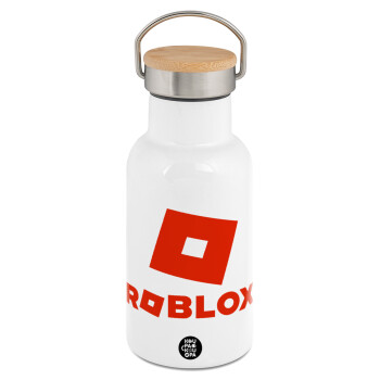 Roblox red, Μεταλλικό παγούρι θερμός (Stainless steel) Λευκό με ξύλινο καπακι (bamboo), διπλού τοιχώματος, 350ml