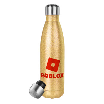 Roblox red, Μεταλλικό παγούρι θερμός Glitter χρυσό (Stainless steel), διπλού τοιχώματος, 500ml