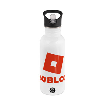Roblox red, White water bottle with straw, stainless steel 600ml