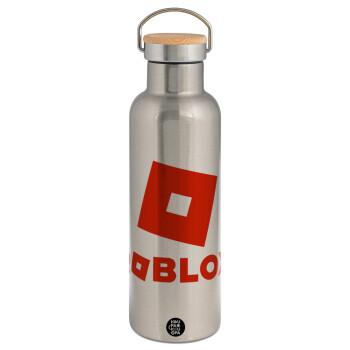 Roblox red, Stainless steel Silver with wooden lid (bamboo), double wall, 750ml