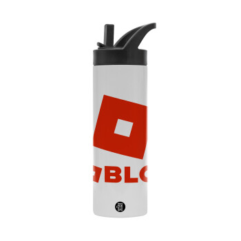 Roblox red, Metallic thermos bottle with straw & handle, stainless steel (Stainless steel 304), double-walled, 600ml.
