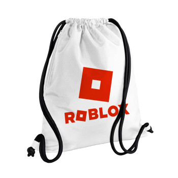 Roblox red, Τσάντα πλάτης πουγκί GYMBAG λευκή, με τσέπη (40x48cm) & χονδρά κορδόνια