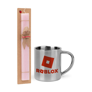 Roblox red, Πασχαλινό Σετ, μεταλλική κούπα θερμό (300ml) & πασχαλινή λαμπάδα αρωματική πλακέ (30cm) (ΡΟΖ)
