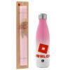 Easter Set, Metallic pink/white (Stainless steel) thermos, double-walled, 500ml & aromatic flat Easter candle (30cm) (PINK)
