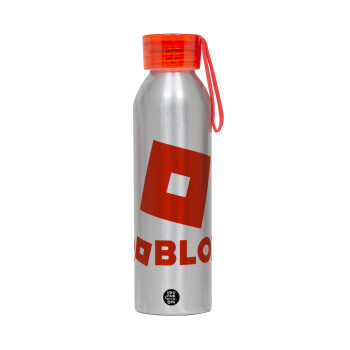 Roblox red, Αλουμινένιο Αθλητικό Μπουκάλι 650ml – Ασημί με Κόκκινο Καπάκι και Λουράκι Σιλικόνης