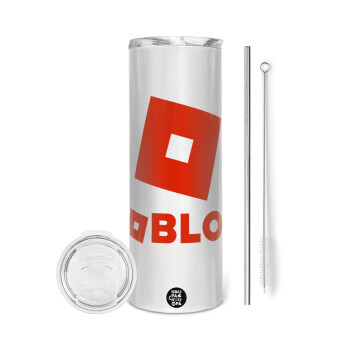 Roblox red, Tumbler ποτήρι θερμό από ανοξείδωτο ατσάλι 600ml, με μεταλλικό καλαμάκι & βούρτσα καθαρισμού