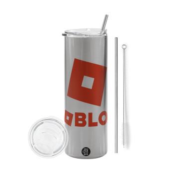 Roblox red, Eco friendly stainless steel Silver tumbler 600ml, with metal straw & cleaning brush