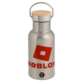 Roblox red, Μεταλλικό παγούρι θερμός (Stainless steel) Ασημένιο με ξύλινο καπακι (bamboo), διπλού τοιχώματος, 350ml