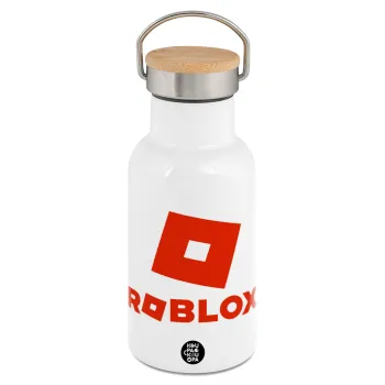 Roblox red, Metallic thermos (Stainless steel) White with wooden lid (bamboo), double-walled, 350ml