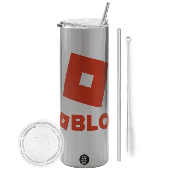 Roblox red, Tumbler ποτήρι θερμό Ασημένιο από ανοξείδωτο ατσάλι 600ml, με μεταλλικό καλαμάκι & βούρτσα καθαρισμού