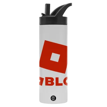 Roblox red, Μεταλλικό παγούρι θερμός με καλαμάκι & χειρολαβή, ανοξείδωτο ατσάλι (Stainless steel 304), διπλού τοιχώματος, 600ml