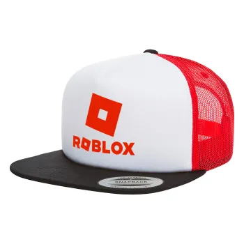 Roblox red, Adult Foam Flat Snapback with Mesh Black-White-Red (POLYESTER, ADULT, UNISEX, ONE SIZE)