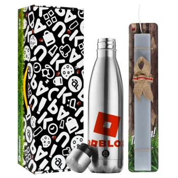 Roblox red, Easter Set, metallic stainless thermos flask (500ml) & scented flat Easter candle (30cm) (GRAY)