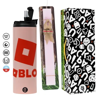 Roblox red, Easter candle,Travel Tumbler 2 Lids, with metal straw & cleaning brush & aromatic flat candle (30cm) (PINK)