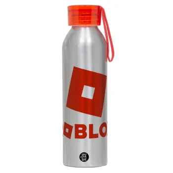 Roblox red, Αλουμινένιο Αθλητικό Μπουκάλι 650ml – Ασημί με Κόκκινο Καπάκι και Λουράκι Σιλικόνης