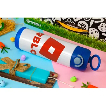 Roblox red, Easter candle, Childrens hot water bottle, stainless steel, with safety straw, BLUE (500ml)
