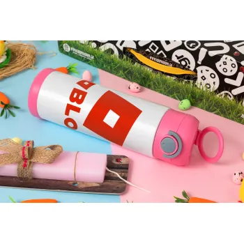 Roblox red, Πασχαλινή Λαμπάδα με Παιδικό παγούρι θερμό, ανοξείδωτο, με καλαμάκι ασφαλείας, ΡΟΖ (500ml)