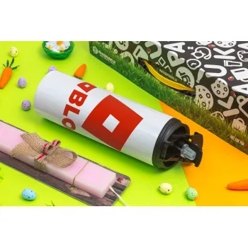 Roblox red, Πασχαλινή Λαμπάδα με Travel Tumbler θερμό με διπλό καπάκι (600ml, BPA free) & κερί αρωματικό πλακέ (30cm) (ΡΟΖ)