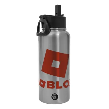 Roblox red, Metal mug thermo Silver with Straw and Spout Lid (Stainless steel), double wall, 950ml