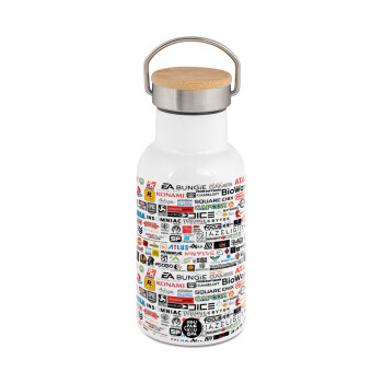 Video Game Studio Logos, Metallic thermos (Stainless steel) White with wooden lid (bamboo), double-walled, 350ml