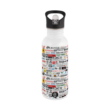 Video Game Studio Logos, Παγούρι νερού Λευκό με καλαμάκι, ανοξείδωτο ατσάλι 600ml