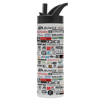 Video Game Studio Logos, Metallic thermos bottle with straw & handle, stainless steel (Stainless steel 304), double-walled, 600ml.