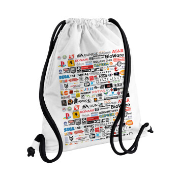 Video Game Studio Logos, Τσάντα πλάτης πουγκί GYMBAG λευκή, με τσέπη (40x48cm) & χονδρά κορδόνια