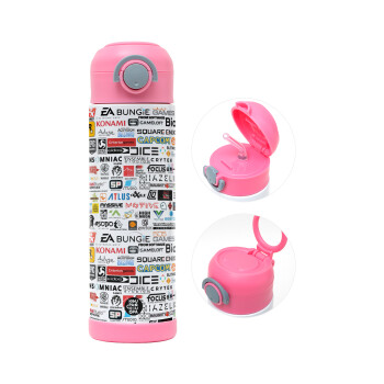 Video Game Studio Logos, Children's hot water bottle, stainless steel, with safety straw, PINK (500ml)