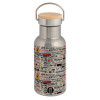 Stainless steel metallic thermos flask, silver with a bamboo lid, double-walled, 350ml.