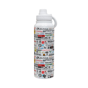 Video Game Studio Logos, 1L Stainless Steel Thermal Bottle with Phone Holder & Double Wall Insulation