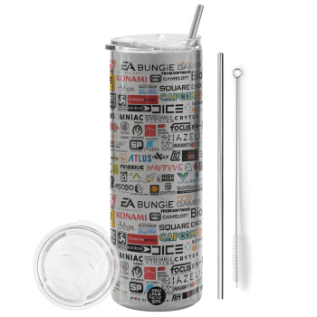 Video Game Studio Logos, Eco friendly stainless steel Silver tumbler 600ml, with metal straw & cleaning brush