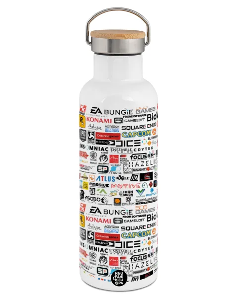 Video Game Studio Logos — Stainless steel White with wooden lid (bamboo), double wall, 750ml