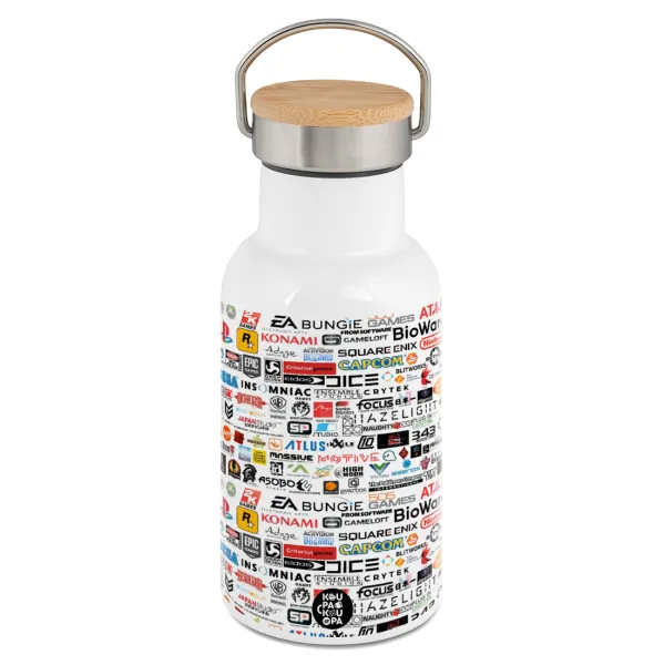 Video Game Studio Logos — Metallic thermos (Stainless steel) White with wooden lid (bamboo), double-walled, 350ml