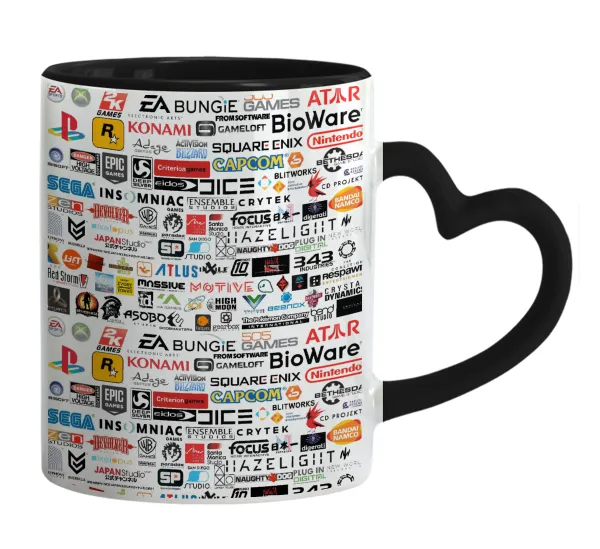 Video Game Studio Logos — Κούπα καρδιά χερούλι μαύρη, κεραμική, 330ml