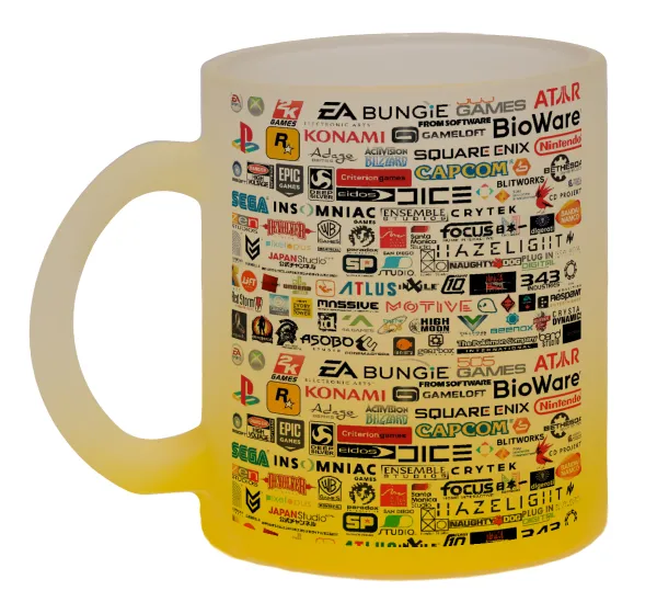 Video Game Studio Logos — Two-tone glass mug with matte yellow base, 330ml