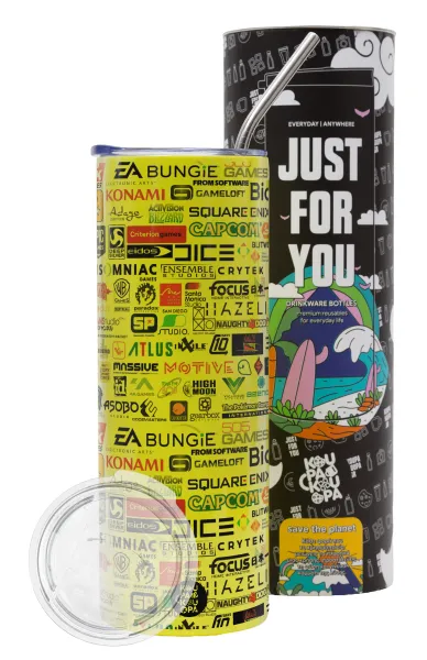 Video Game Studio Logos — Neon Yellow Travel Tumbler, with metal straw (Stainless steel 304 Food grade, BPA free, 600ml)