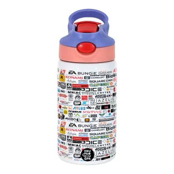 Video Game Studio Logos, Παιδικό παγούρι θερμό, ανοξείδωτο, με καλαμάκι ασφαλείας, ροζ/μωβ (350ml)