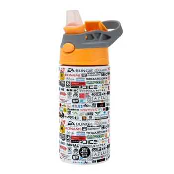 Video Game Studio Logos, Παιδικό παγούρι θερμό, ανοξείδωτο, με καλαμάκι ασφαλείας, Πορτοκαλί/Γκρι (360ml) BPA-FREE