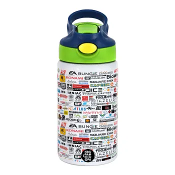 Video Game Studio Logos, Children's hot water bottle, stainless steel, with safety straw, green, blue (350ml)